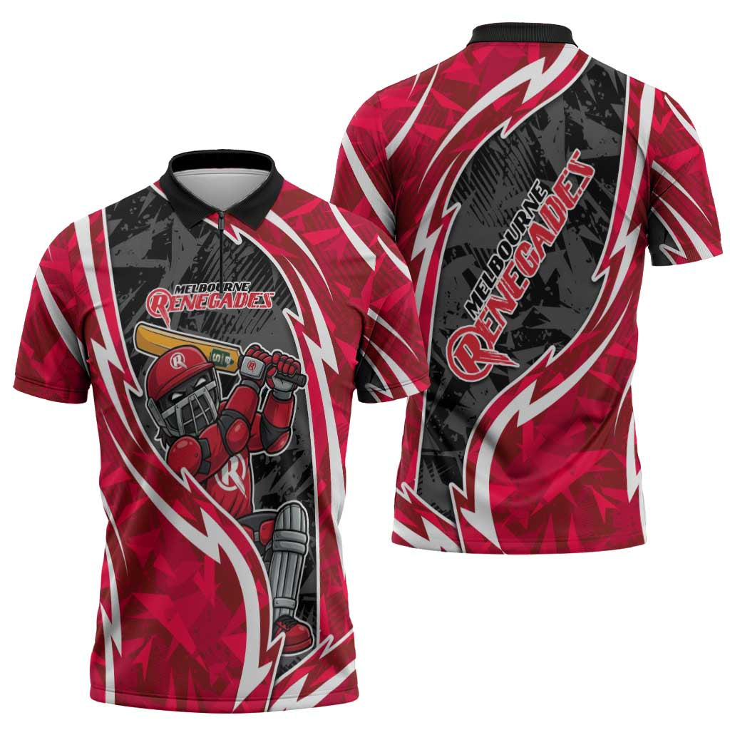 Melbourne Renegades Zipper Polo Shirt Flaming Lightning Storm Geometric Sports Mascot Art