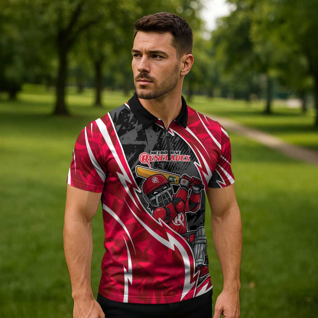 Melbourne Renegades Zipper Polo Shirt Flaming Lightning Storm Geometric Sports Mascot Art