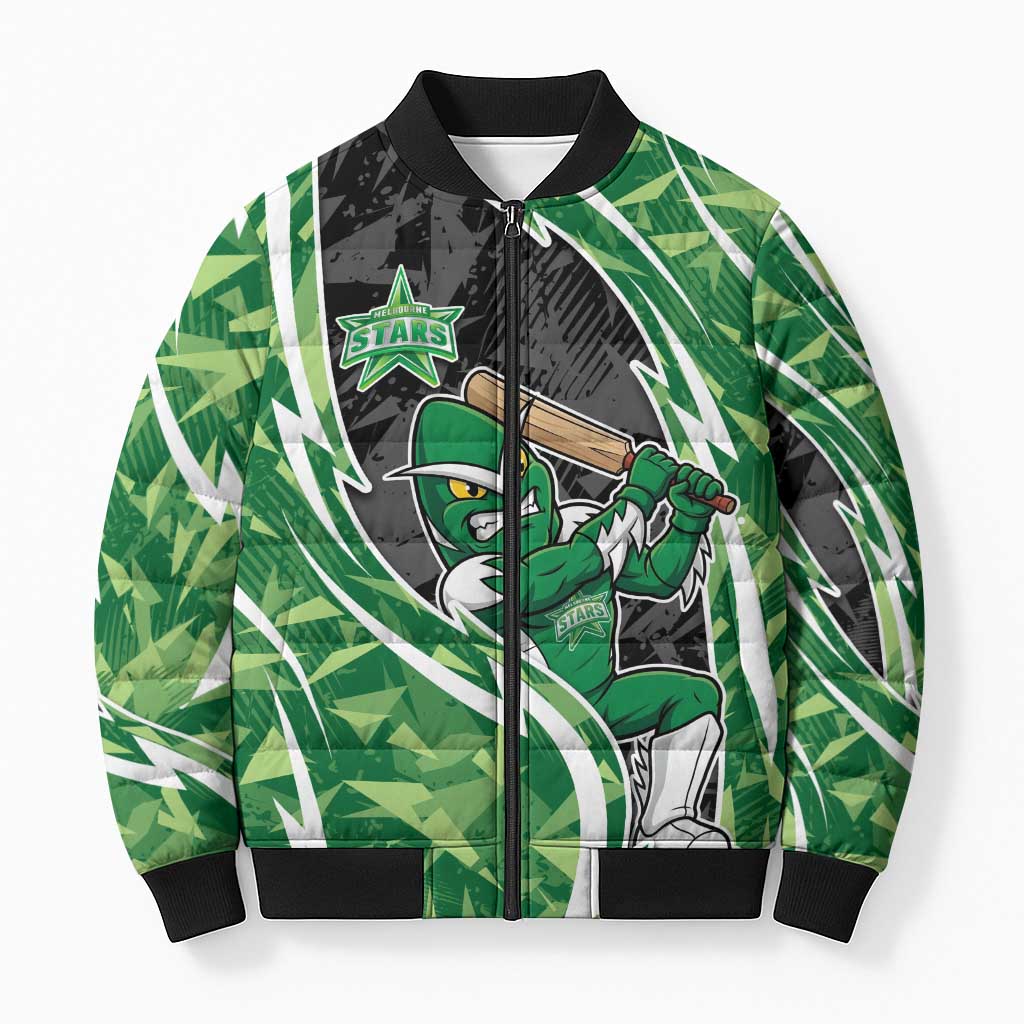 Melbourne Stars Bomber Puffer Jacket Flaming Lightning Storm Geometric Sports Mascot Art