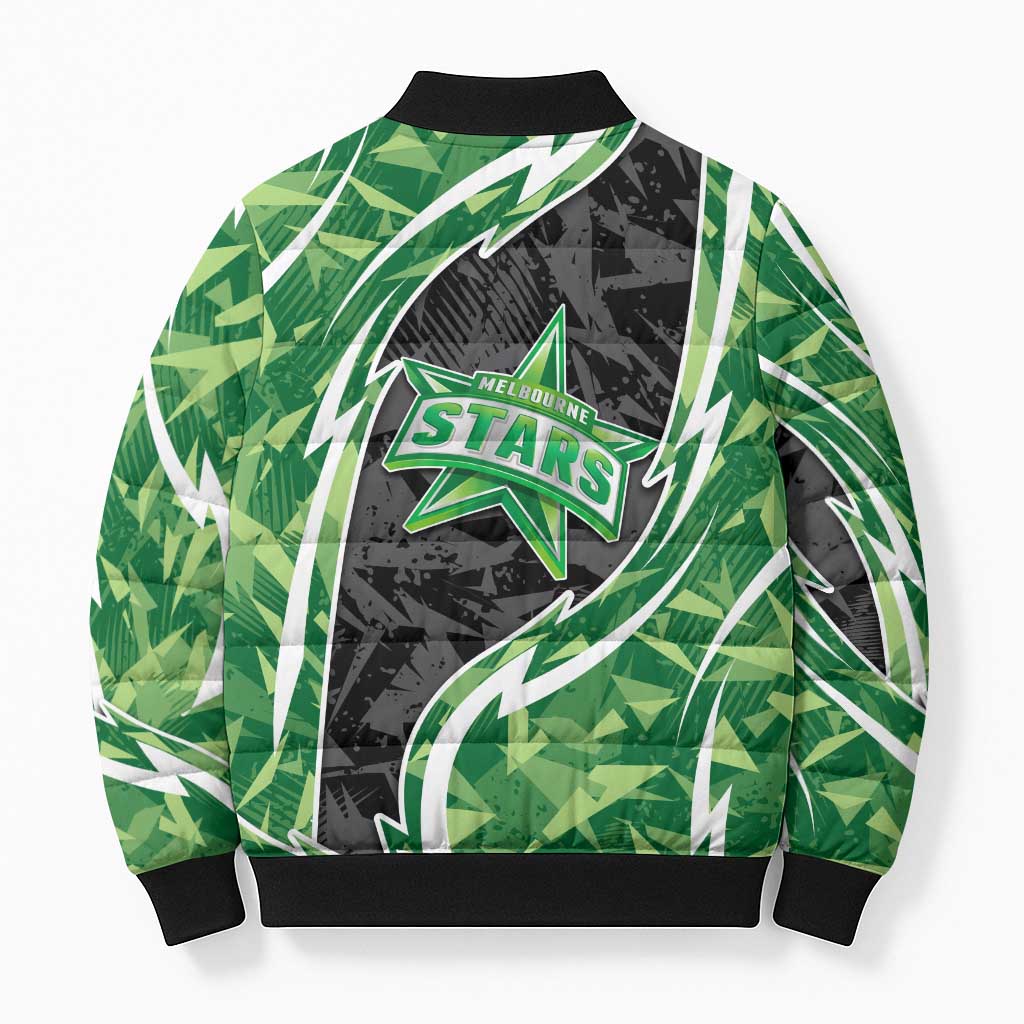 Melbourne Stars Bomber Puffer Jacket Flaming Lightning Storm Geometric Sports Mascot Art