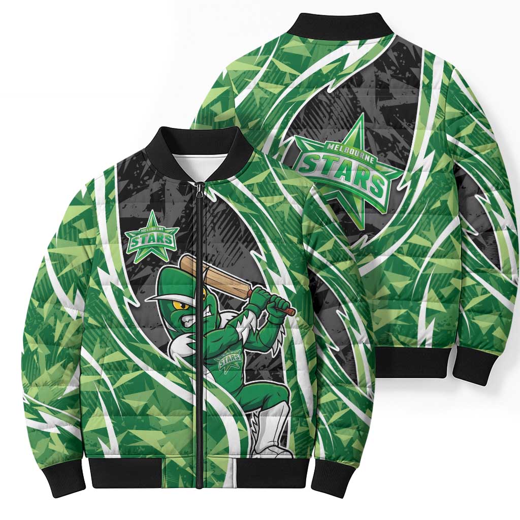 Melbourne Stars Bomber Puffer Jacket Flaming Lightning Storm Geometric Sports Mascot Art