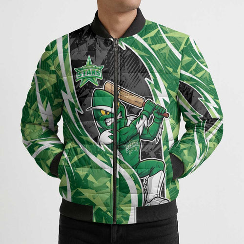 Melbourne Stars Bomber Puffer Jacket Flaming Lightning Storm Geometric Sports Mascot Art