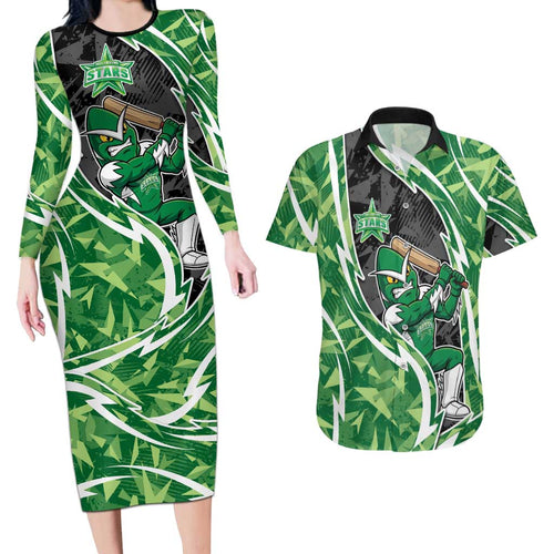 Melbourne Stars Couples Matching Long Sleeve Bodycon Dress and Hawaiian Shirt Flaming Lightning Storm Geometric Sports Mascot Art