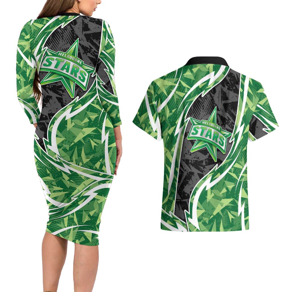 Melbourne Stars Couples Matching Long Sleeve Bodycon Dress and Hawaiian Shirt Flaming Lightning Storm Geometric Sports Mascot Art