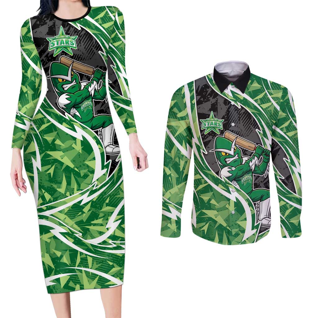 Melbourne Stars Couples Matching Long Sleeve Bodycon Dress and Long Sleeve Button Shirt Flaming Lightning Storm Geometric Sports Mascot Art