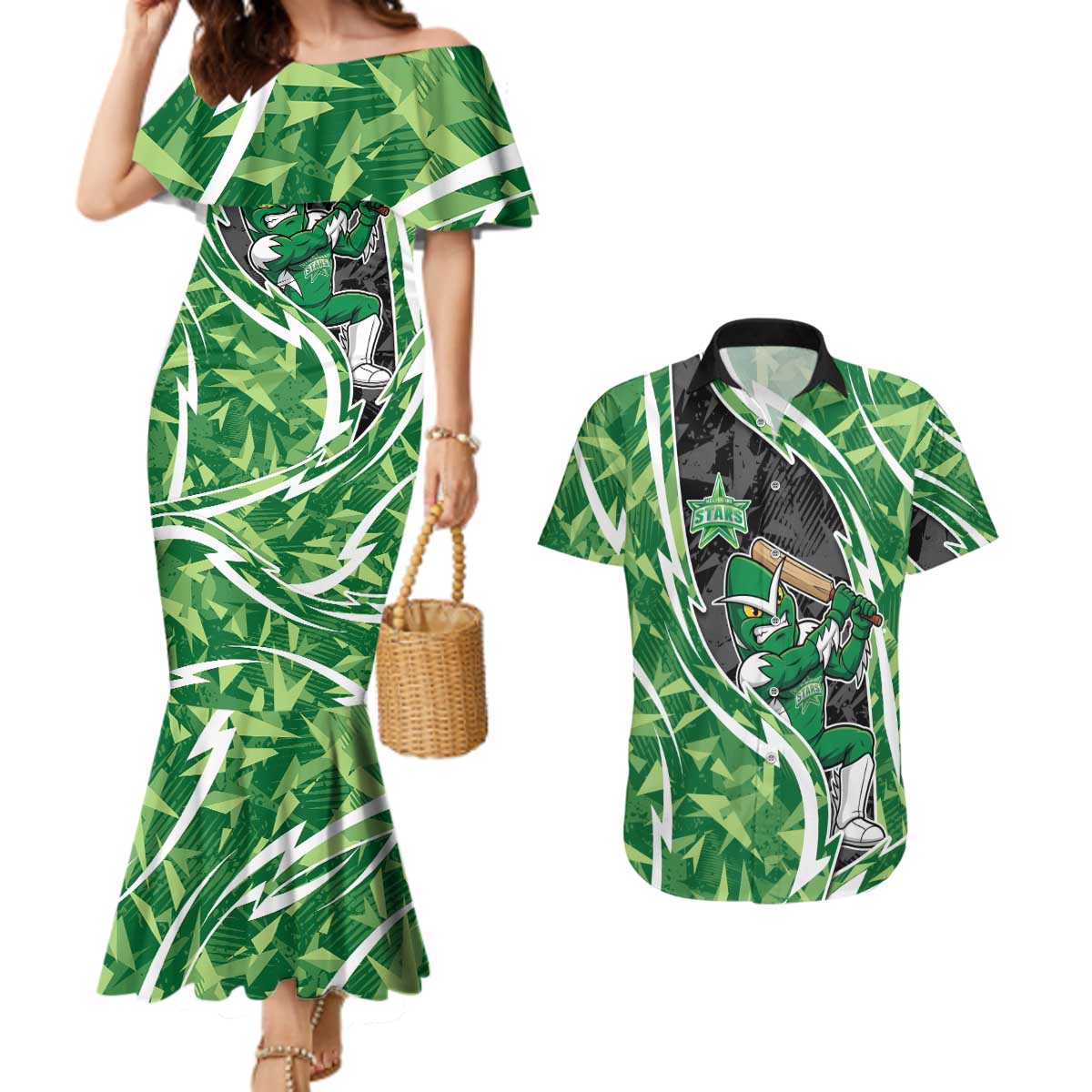 Melbourne Stars Couples Matching Mermaid Dress and Hawaiian Shirt Flaming Lightning Storm Geometric Sports Mascot Art