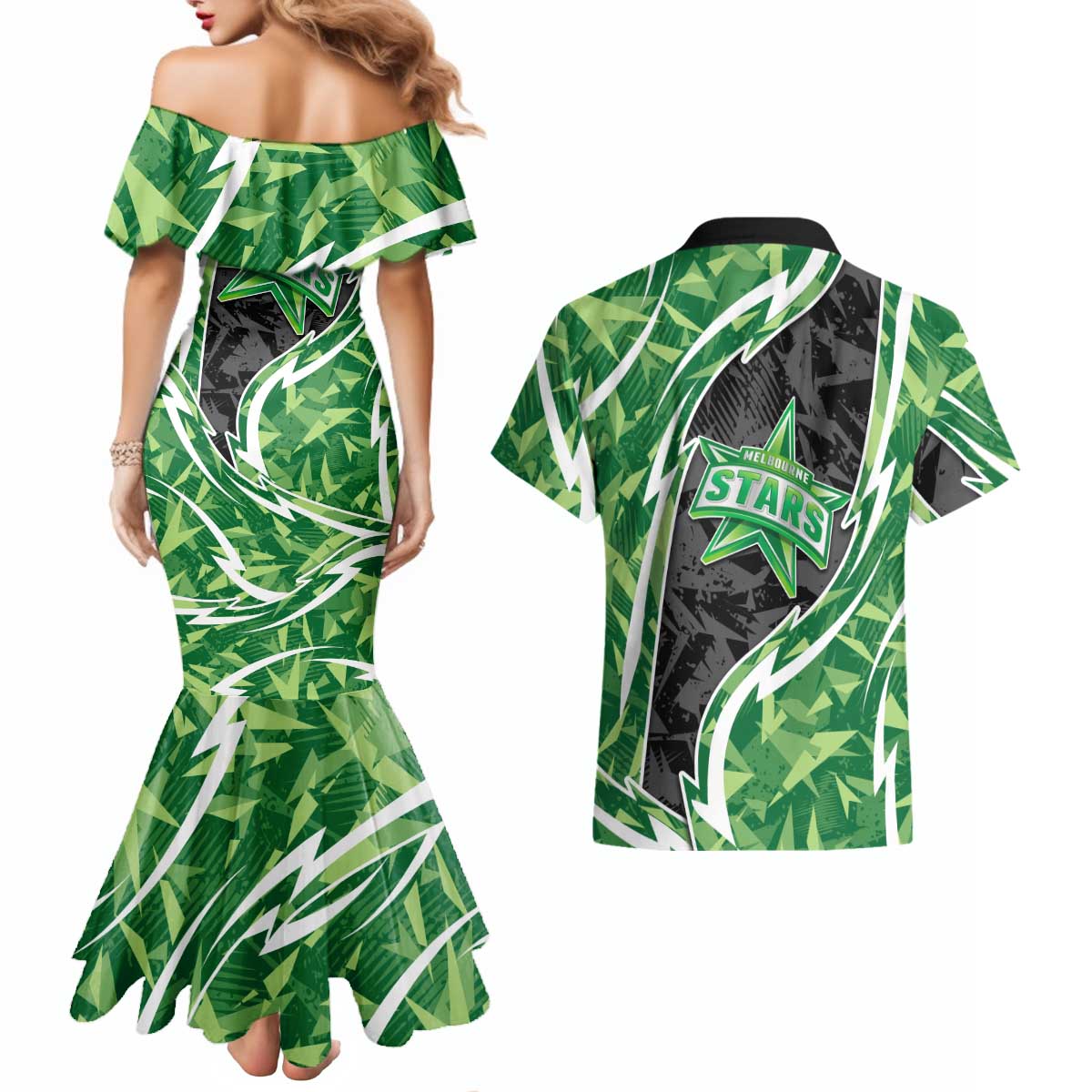 Melbourne Stars Couples Matching Mermaid Dress and Hawaiian Shirt Flaming Lightning Storm Geometric Sports Mascot Art
