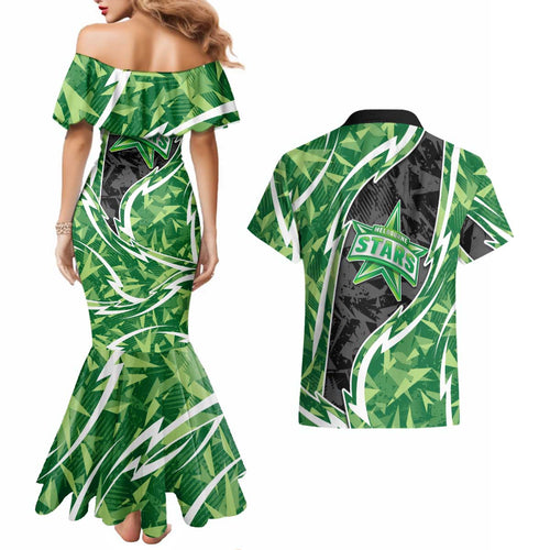 Melbourne Stars Couples Matching Mermaid Dress and Hawaiian Shirt Flaming Lightning Storm Geometric Sports Mascot Art
