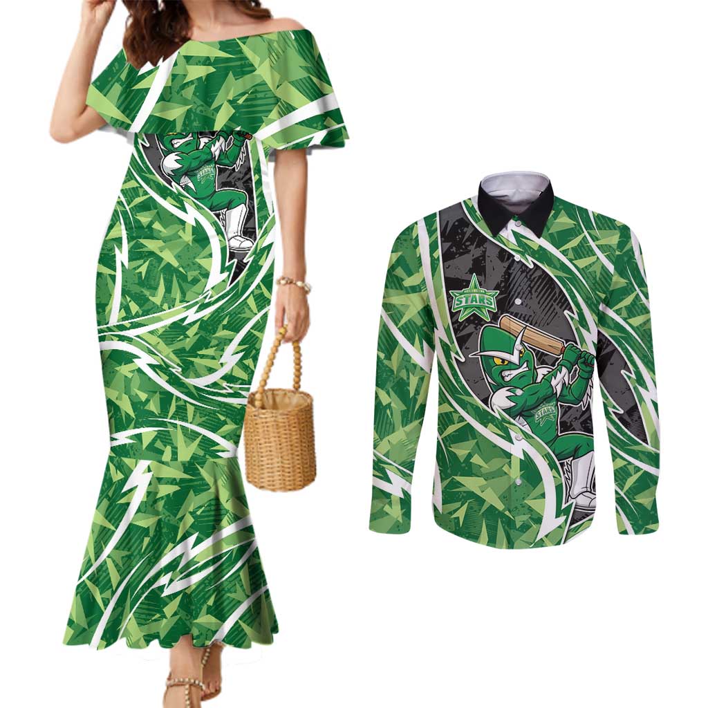Melbourne Stars Couples Matching Mermaid Dress and Long Sleeve Button Shirt Flaming Lightning Storm Geometric Sports Mascot Art