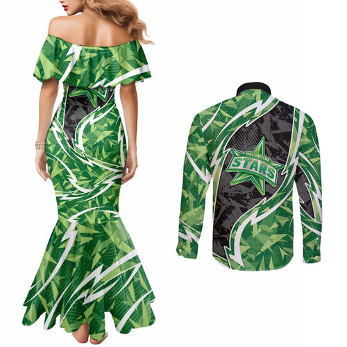 Melbourne Stars Couples Matching Mermaid Dress and Long Sleeve Button Shirt Flaming Lightning Storm Geometric Sports Mascot Art