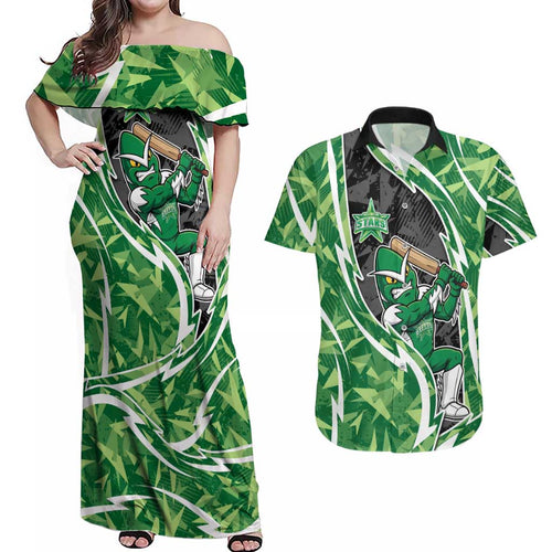 Melbourne Stars Couples Matching Off Shoulder Maxi Dress and Hawaiian Shirt Flaming Lightning Storm Geometric Sports Mascot Art