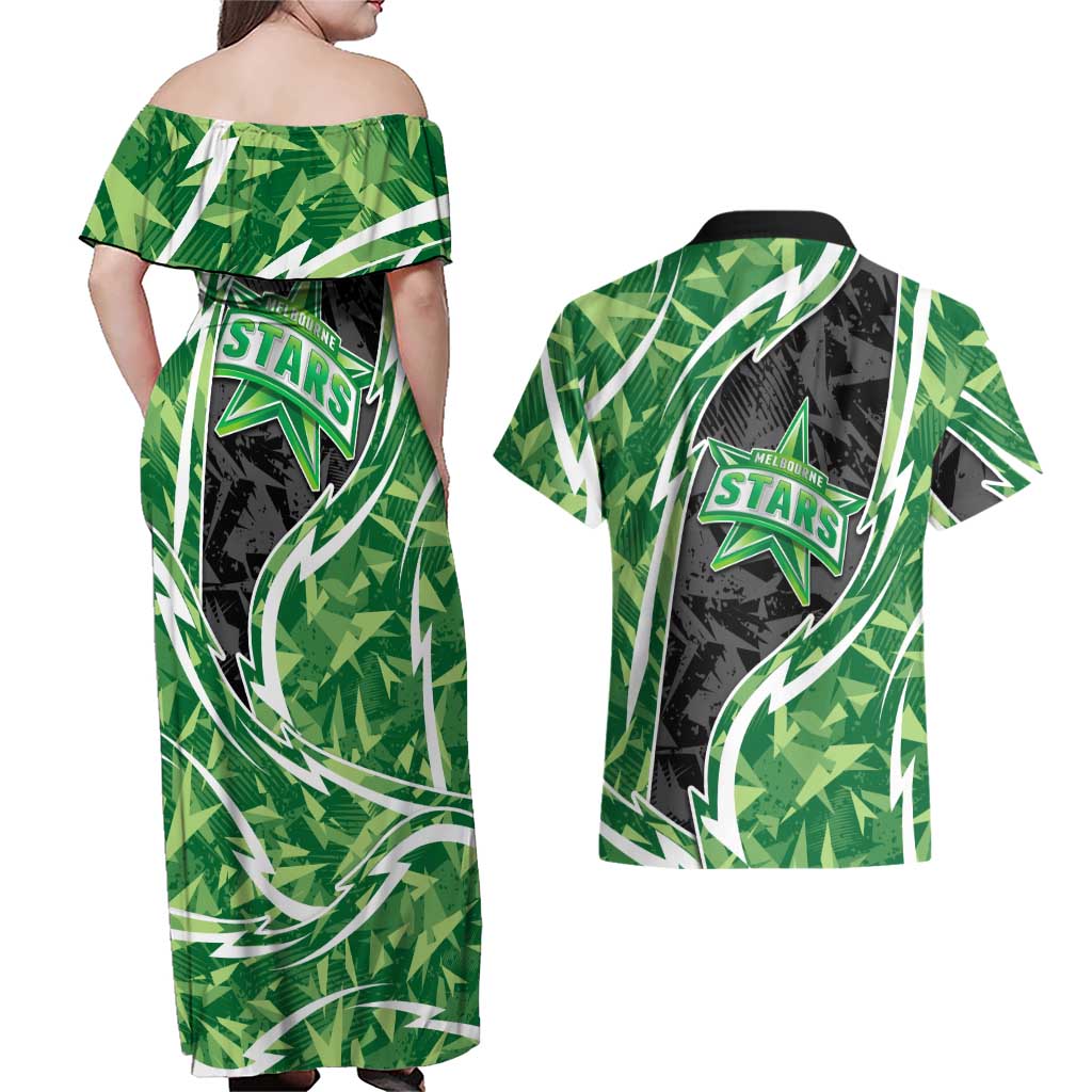Melbourne Stars Couples Matching Off Shoulder Maxi Dress and Hawaiian Shirt Flaming Lightning Storm Geometric Sports Mascot Art