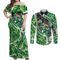 Melbourne Stars Couples Matching Off Shoulder Maxi Dress and Long Sleeve Button Shirt Flaming Lightning Storm Geometric Sports Mascot Art