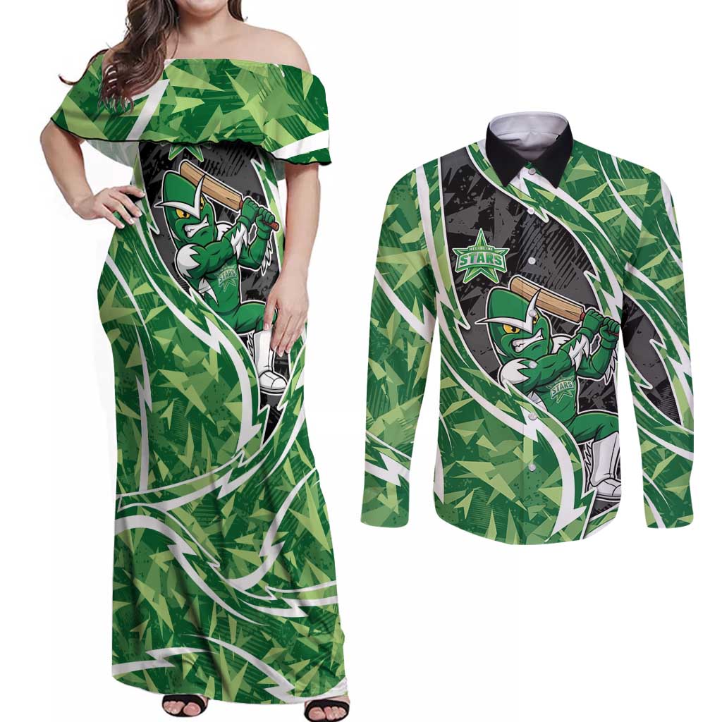 Melbourne Stars Couples Matching Off Shoulder Maxi Dress and Long Sleeve Button Shirt Flaming Lightning Storm Geometric Sports Mascot Art