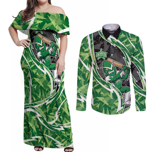 Melbourne Stars Couples Matching Off Shoulder Maxi Dress and Long Sleeve Button Shirt Flaming Lightning Storm Geometric Sports Mascot Art