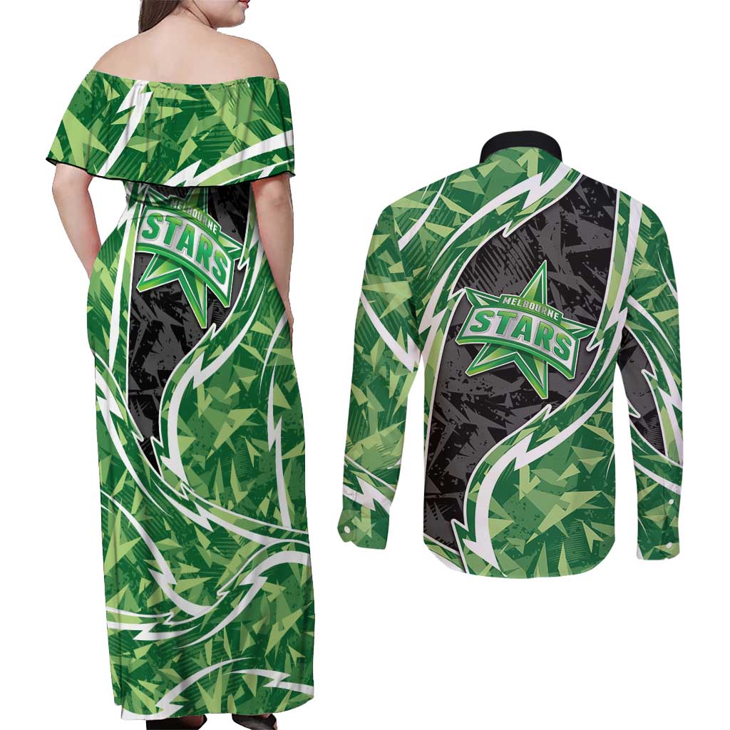 Melbourne Stars Couples Matching Off Shoulder Maxi Dress and Long Sleeve Button Shirt Flaming Lightning Storm Geometric Sports Mascot Art