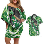 Melbourne Stars Couples Matching Off Shoulder Short Dress and Hawaiian Shirt Flaming Lightning Storm Geometric Sports Mascot Art