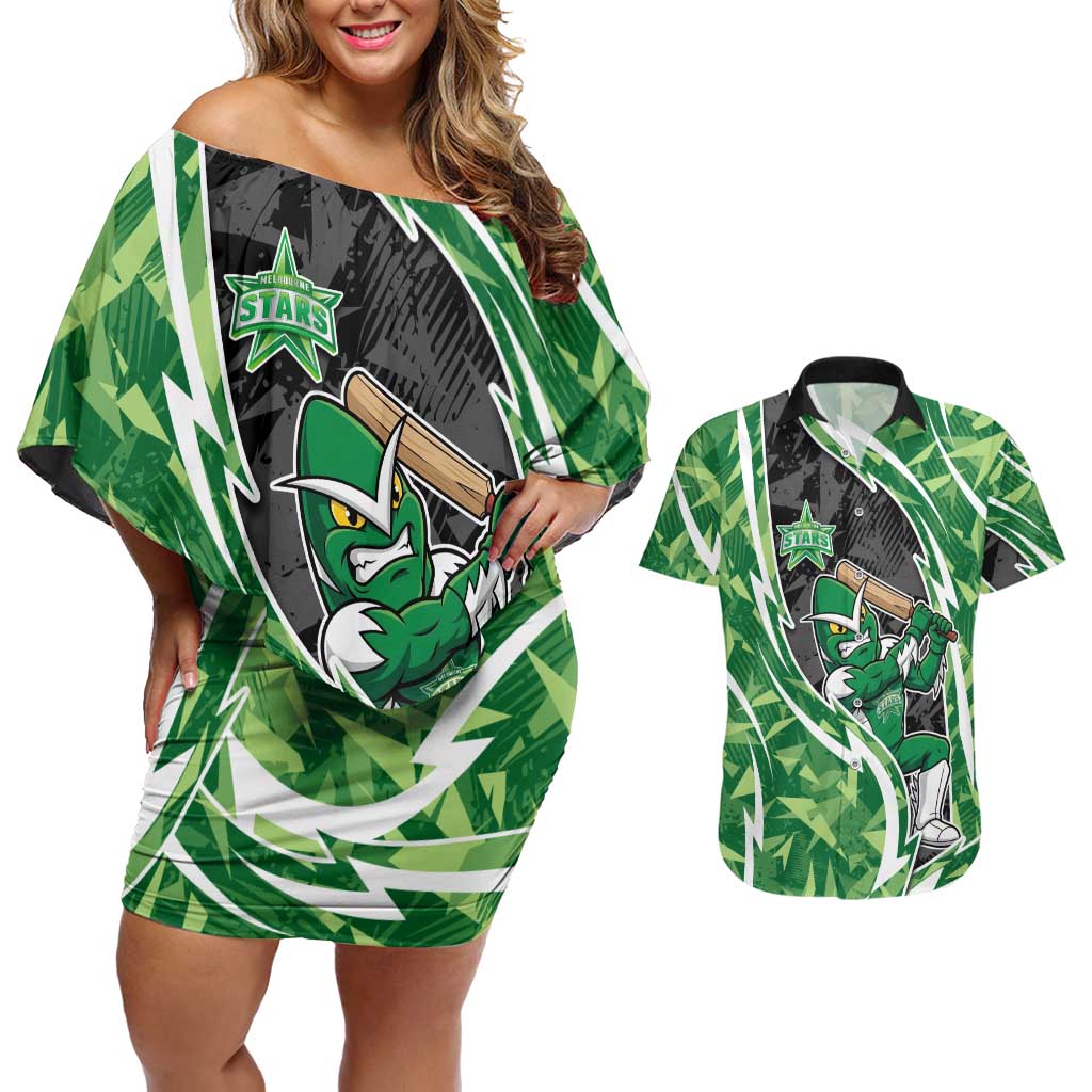Melbourne Stars Couples Matching Off Shoulder Short Dress and Hawaiian Shirt Flaming Lightning Storm Geometric Sports Mascot Art
