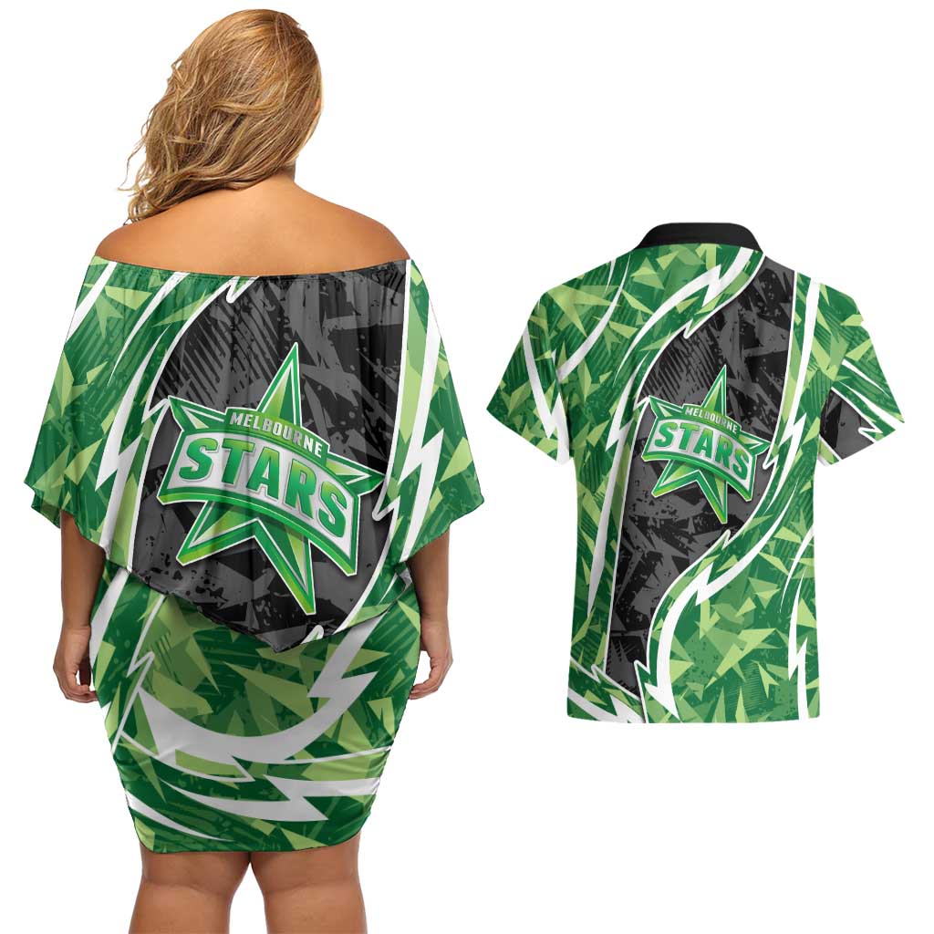Melbourne Stars Couples Matching Off Shoulder Short Dress and Hawaiian Shirt Flaming Lightning Storm Geometric Sports Mascot Art