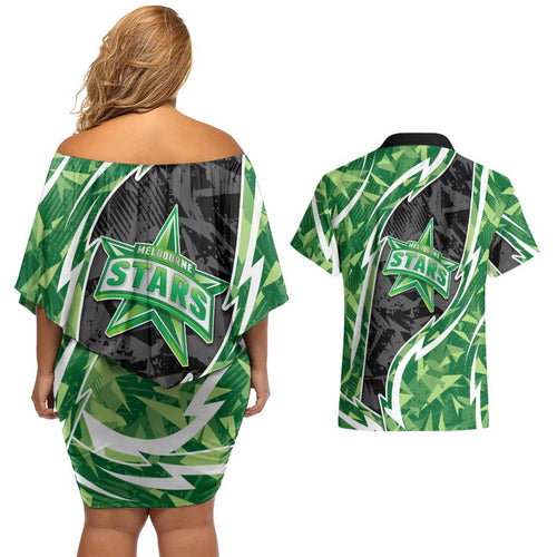 Melbourne Stars Couples Matching Off Shoulder Short Dress and Hawaiian Shirt Flaming Lightning Storm Geometric Sports Mascot Art