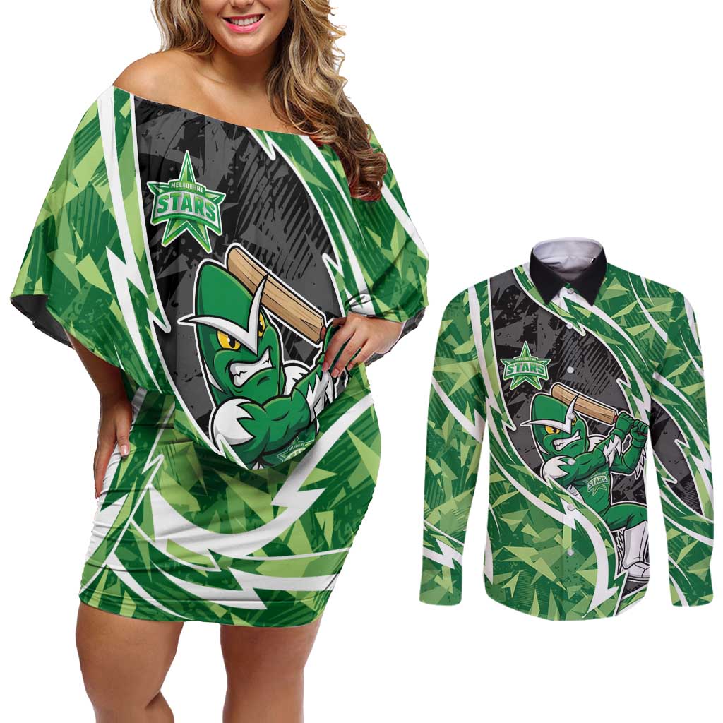Melbourne Stars Couples Matching Off Shoulder Short Dress and Long Sleeve Button Shirt Flaming Lightning Storm Geometric Sports Mascot Art
