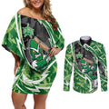 Melbourne Stars Couples Matching Off Shoulder Short Dress and Long Sleeve Button Shirt Flaming Lightning Storm Geometric Sports Mascot Art