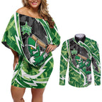 Melbourne Stars Couples Matching Off Shoulder Short Dress and Long Sleeve Button Shirt Flaming Lightning Storm Geometric Sports Mascot Art