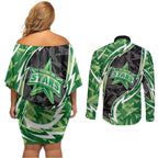 Melbourne Stars Couples Matching Off Shoulder Short Dress and Long Sleeve Button Shirt Flaming Lightning Storm Geometric Sports Mascot Art