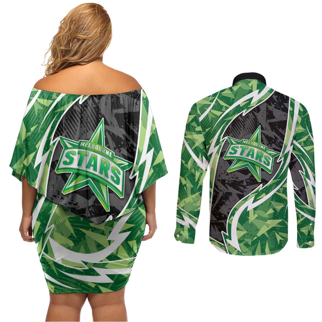 Melbourne Stars Couples Matching Off Shoulder Short Dress and Long Sleeve Button Shirt Flaming Lightning Storm Geometric Sports Mascot Art