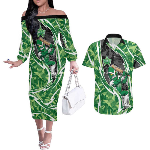 Melbourne Stars Couples Matching Off The Shoulder Long Sleeve Dress and Hawaiian Shirt Flaming Lightning Storm Geometric Sports Mascot Art