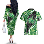 Melbourne Stars Couples Matching Off The Shoulder Long Sleeve Dress and Hawaiian Shirt Flaming Lightning Storm Geometric Sports Mascot Art