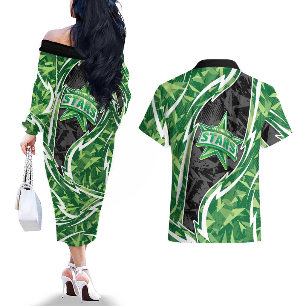 Melbourne Stars Couples Matching Off The Shoulder Long Sleeve Dress and Hawaiian Shirt Flaming Lightning Storm Geometric Sports Mascot Art
