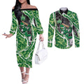 Melbourne Stars Couples Matching Off The Shoulder Long Sleeve Dress and Long Sleeve Button Shirt Flaming Lightning Storm Geometric Sports Mascot Art