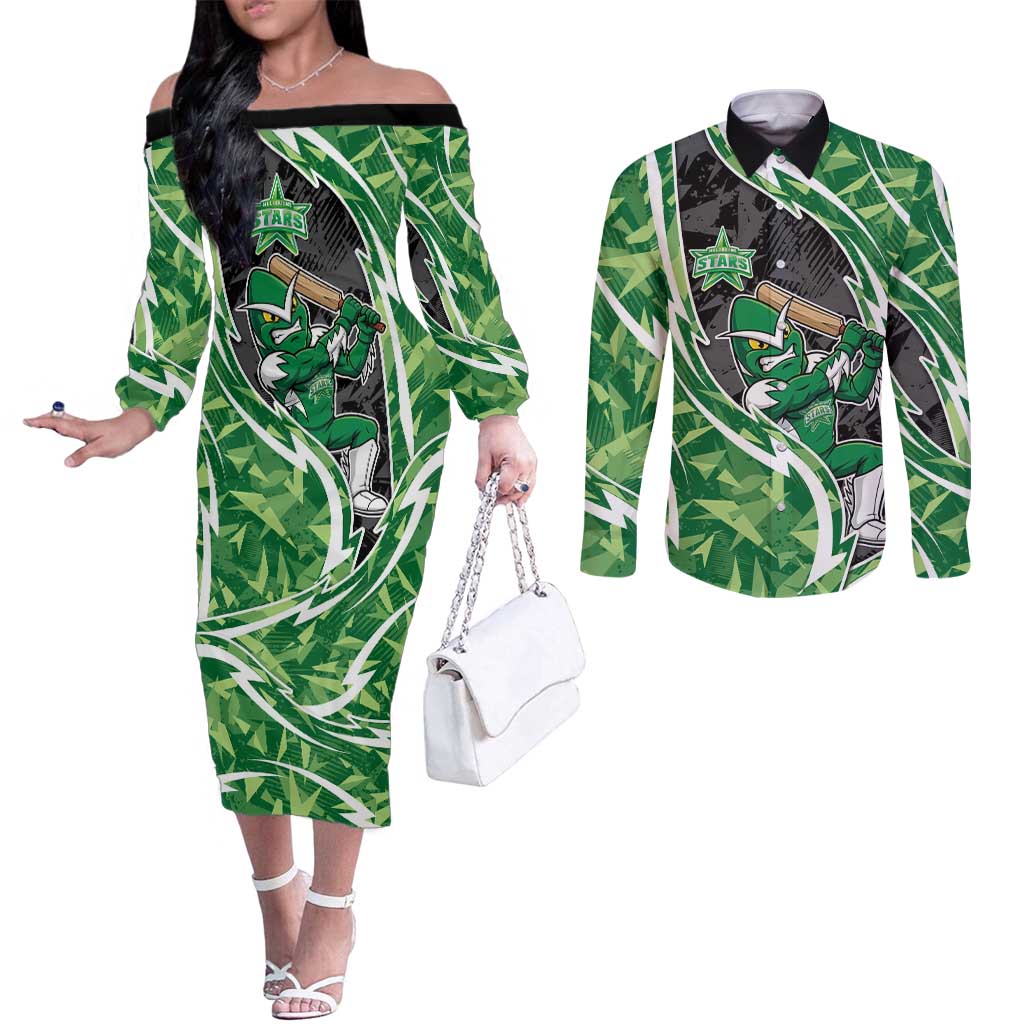 Melbourne Stars Couples Matching Off The Shoulder Long Sleeve Dress and Long Sleeve Button Shirt Flaming Lightning Storm Geometric Sports Mascot Art