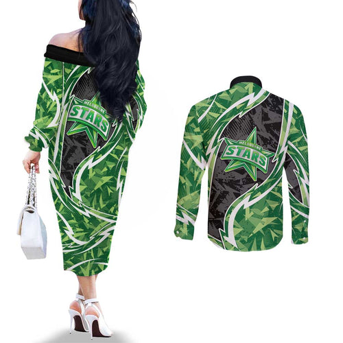 Melbourne Stars Couples Matching Off The Shoulder Long Sleeve Dress and Long Sleeve Button Shirt Flaming Lightning Storm Geometric Sports Mascot Art