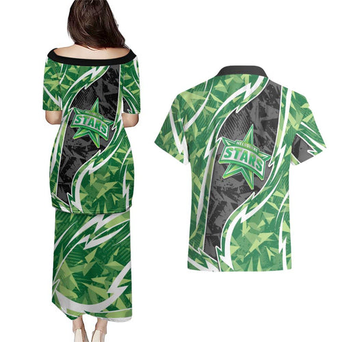 Melbourne Stars Couples Matching Puletasi and Hawaiian Shirt Flaming Lightning Storm Geometric Sports Mascot Art