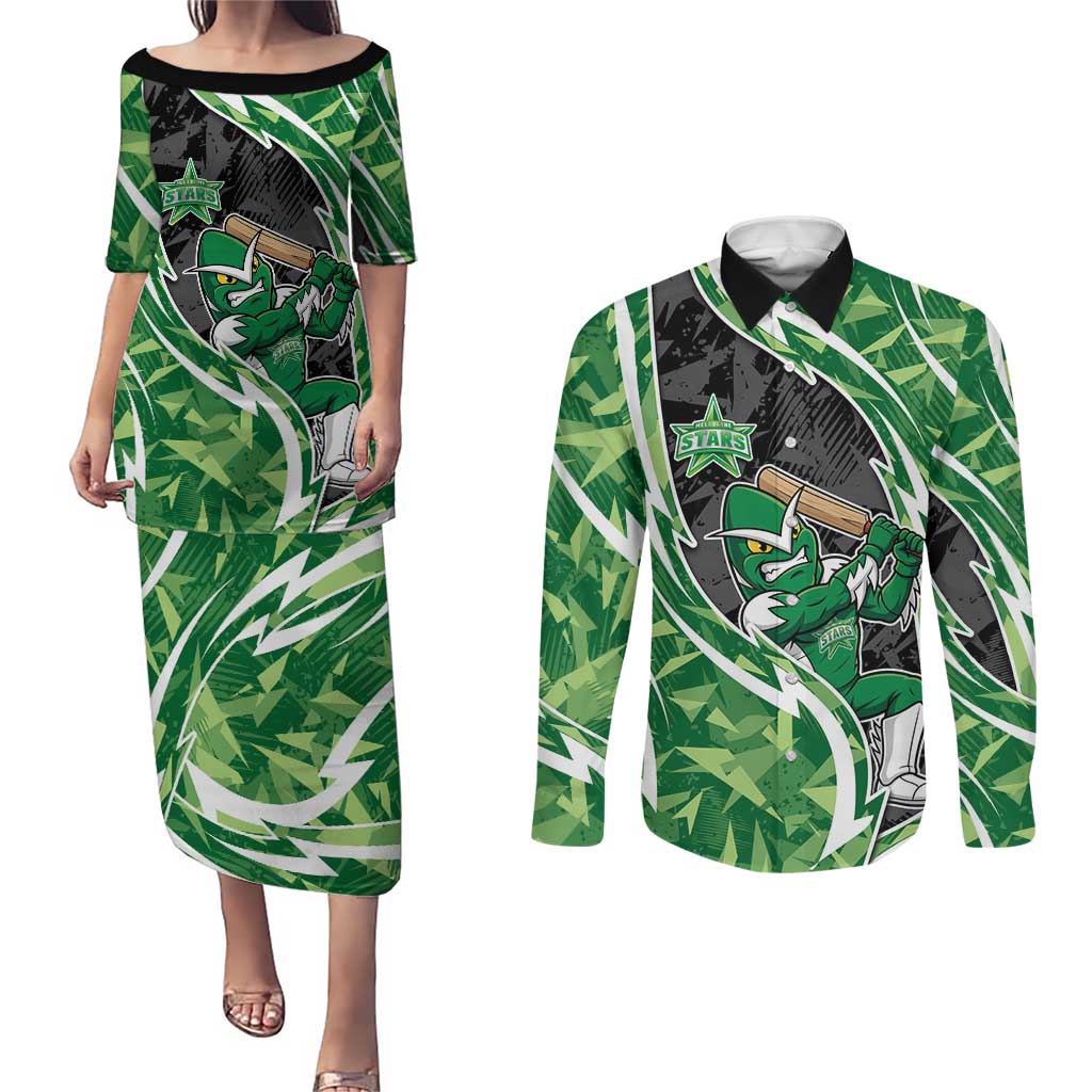 Melbourne Stars Couples Matching Puletasi and Long Sleeve Button Shirt Flaming Lightning Storm Geometric Sports Mascot Art