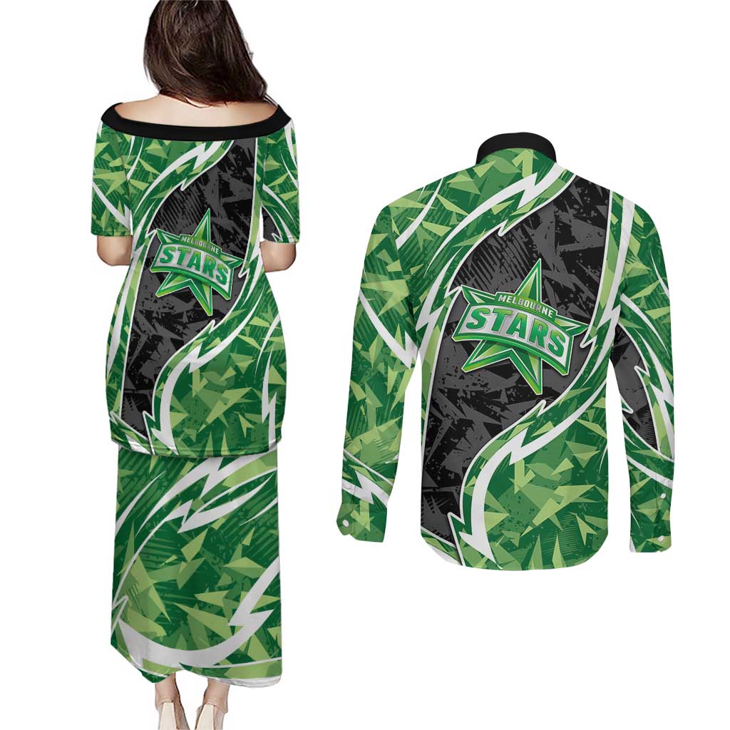 Melbourne Stars Couples Matching Puletasi and Long Sleeve Button Shirt Flaming Lightning Storm Geometric Sports Mascot Art