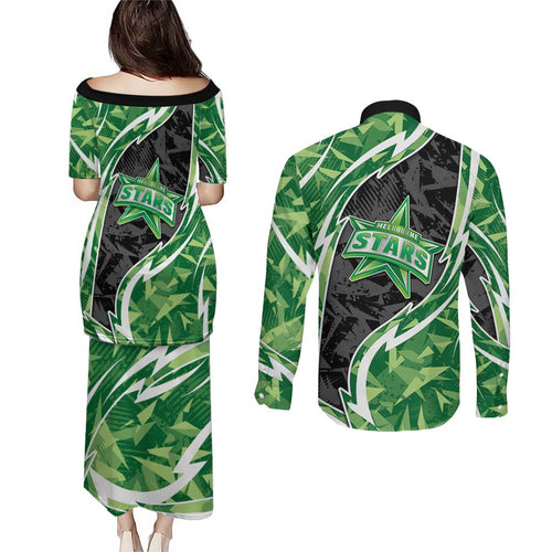 Melbourne Stars Couples Matching Puletasi and Long Sleeve Button Shirt Flaming Lightning Storm Geometric Sports Mascot Art
