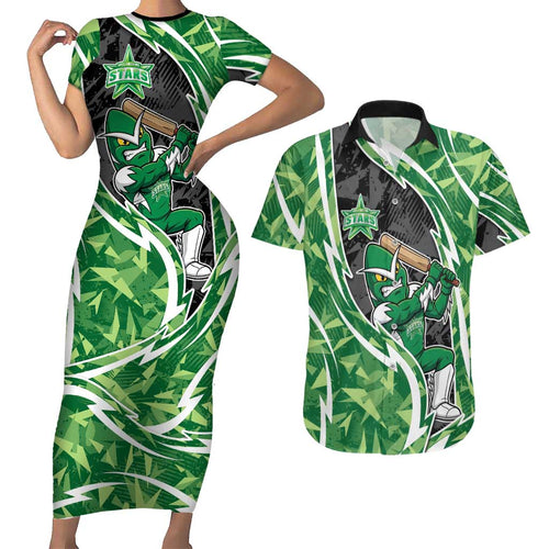 Melbourne Stars Couples Matching Short Sleeve Bodycon Dress and Hawaiian Shirt Flaming Lightning Storm Geometric Sports Mascot Art