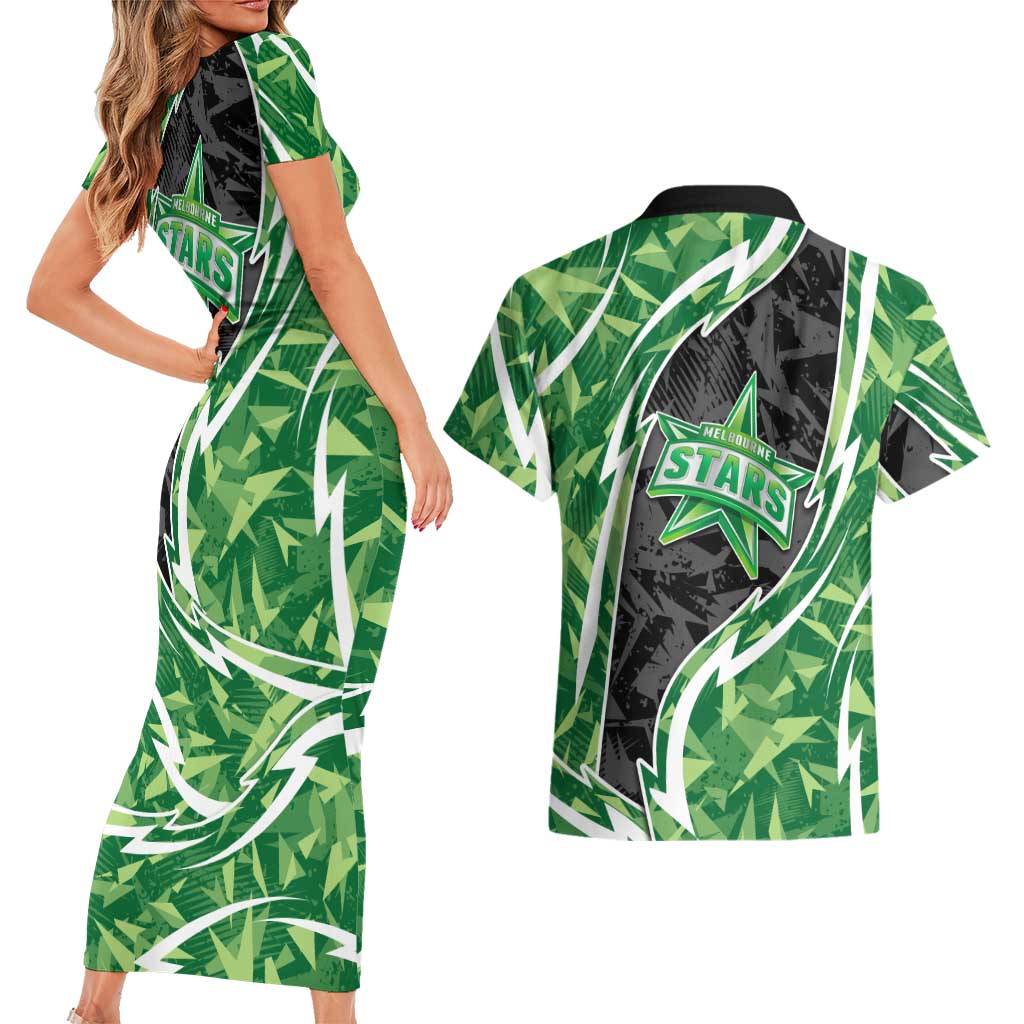 Melbourne Stars Couples Matching Short Sleeve Bodycon Dress and Hawaiian Shirt Flaming Lightning Storm Geometric Sports Mascot Art