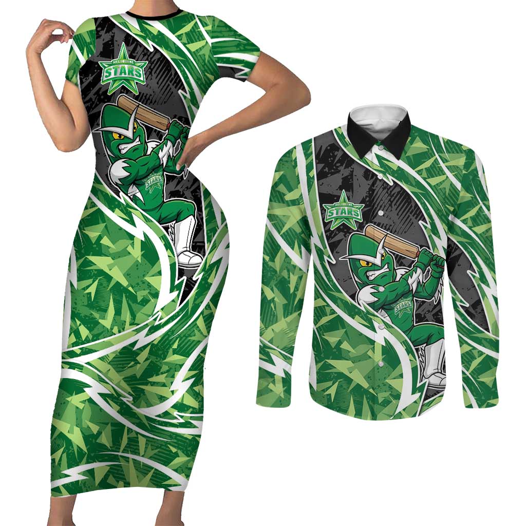 Melbourne Stars Couples Matching Short Sleeve Bodycon Dress and Long Sleeve Button Shirt Flaming Lightning Storm Geometric Sports Mascot Art
