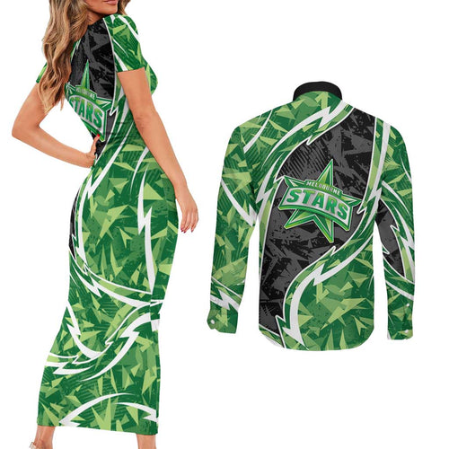 Melbourne Stars Couples Matching Short Sleeve Bodycon Dress and Long Sleeve Button Shirt Flaming Lightning Storm Geometric Sports Mascot Art