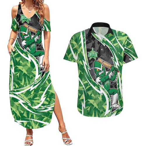Melbourne Stars Couples Matching Summer Maxi Dress and Hawaiian Shirt Flaming Lightning Storm Geometric Sports Mascot Art