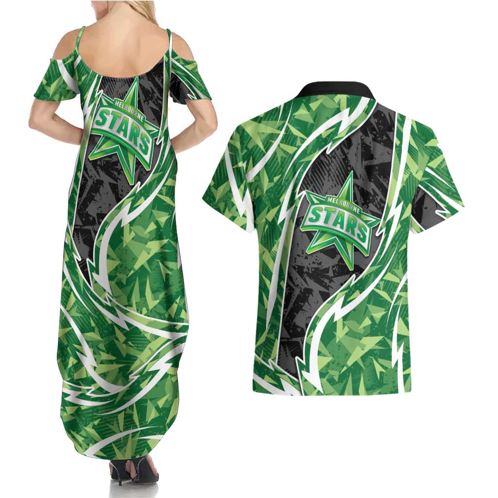Melbourne Stars Couples Matching Summer Maxi Dress and Hawaiian Shirt Flaming Lightning Storm Geometric Sports Mascot Art