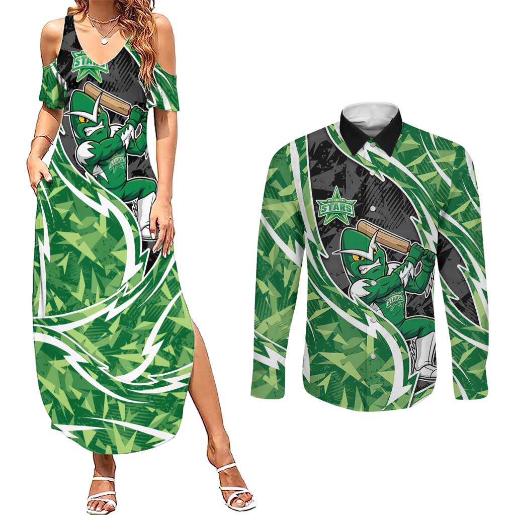 Melbourne Stars Couples Matching Summer Maxi Dress and Long Sleeve Button Shirt Flaming Lightning Storm Geometric Sports Mascot Art