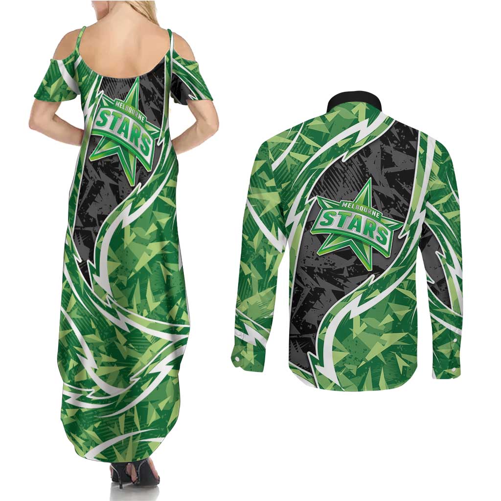 Melbourne Stars Couples Matching Summer Maxi Dress and Long Sleeve Button Shirt Flaming Lightning Storm Geometric Sports Mascot Art
