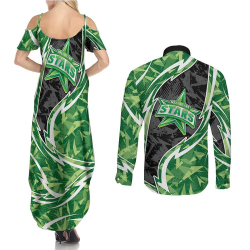 Melbourne Stars Couples Matching Summer Maxi Dress and Long Sleeve Button Shirt Flaming Lightning Storm Geometric Sports Mascot Art