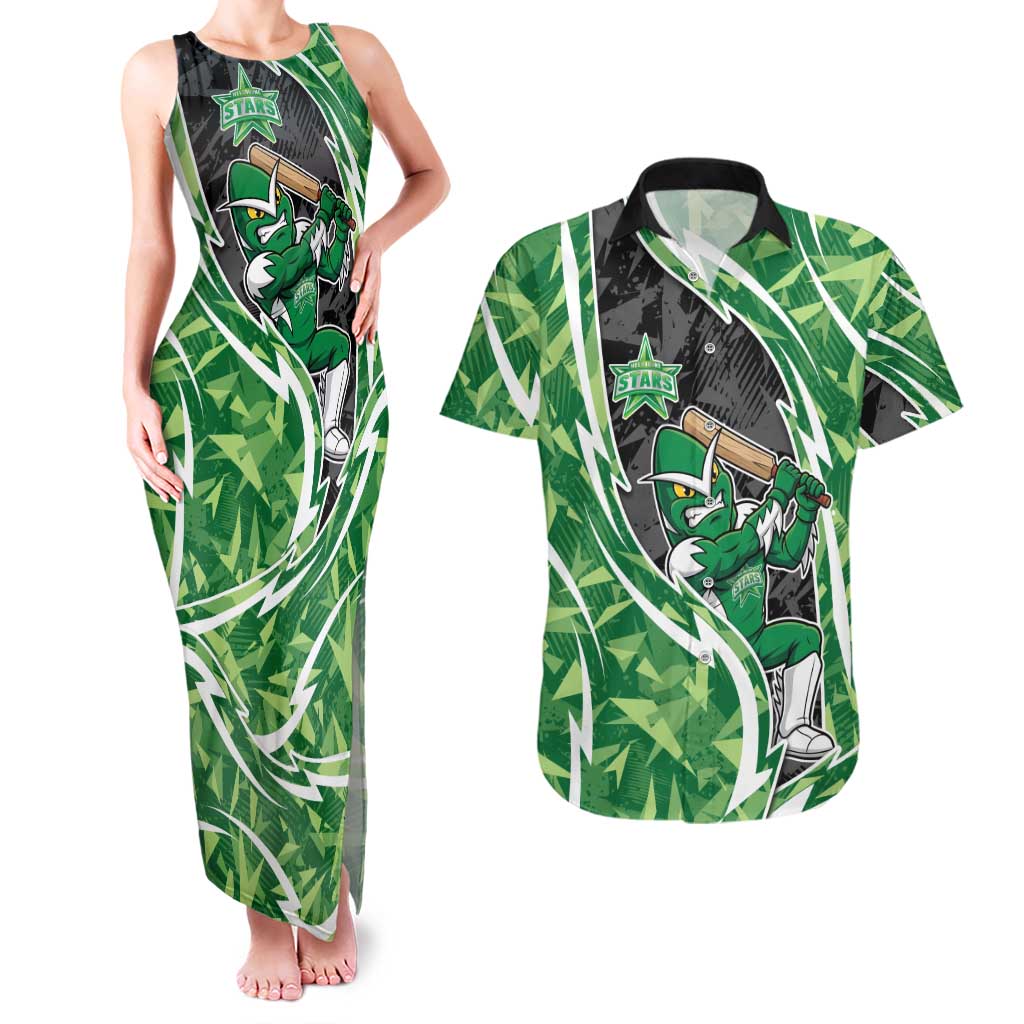 Melbourne Stars Couples Matching Tank Maxi Dress and Hawaiian Shirt Flaming Lightning Storm Geometric Sports Mascot Art