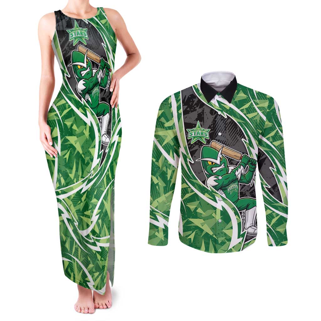 Melbourne Stars Couples Matching Tank Maxi Dress and Long Sleeve Button Shirt Flaming Lightning Storm Geometric Sports Mascot Art